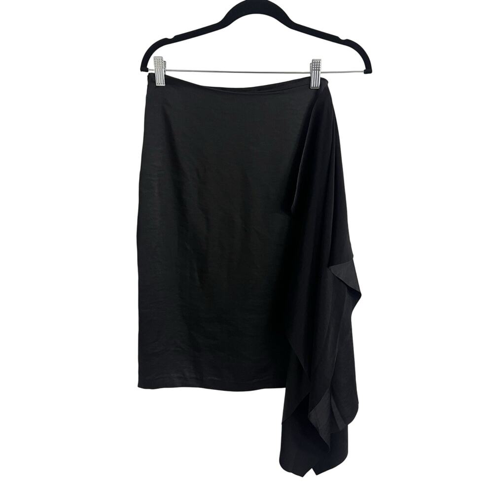 BCBGMAXAZRIA Asymmetrical Ruffle Black Satin Pencil Skirt Y2K Career Size‎ 2